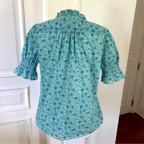J. Crew Liberty Fabric Ruffle Trim Short Sleeve Blue Floral - Picture 2 of 14